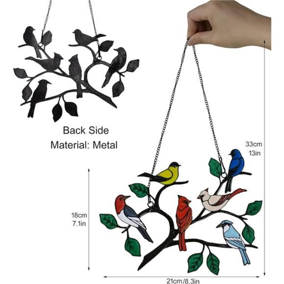 Six Birds Cardinal Gifts Stained Metal Window Hangings, Multicolor Bird On A - Picture 13 of 14